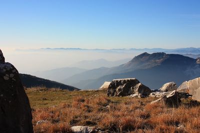 Scenic view of mountains against clear sky