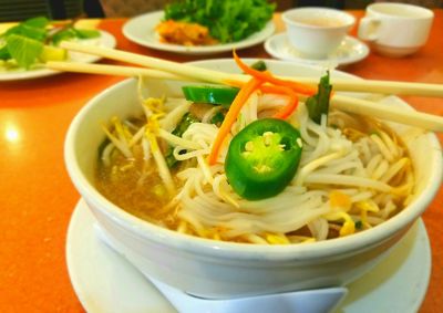 High angle view of soup in bowl