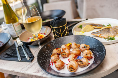 High angle view of food in plate on table