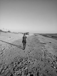 Rear view of man on beach against clear sky