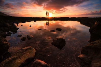 Scenic view of lake against sky during sunset