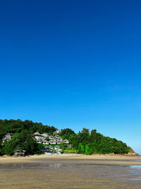 Scenic view of beach against clear blue sky