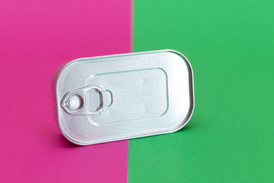 High angle view of usb stick on blue background