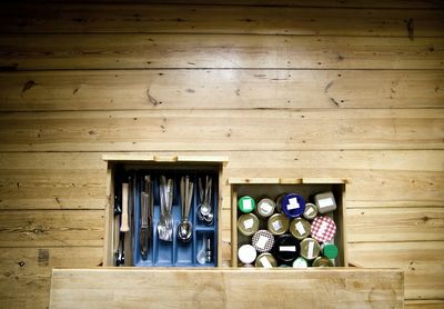High angle view of utensils in drawer at kitchen