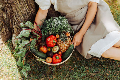 Hands of woman holding basket of vegetables while sitting under tree