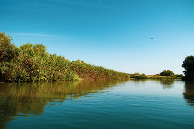 Scenic view of lake against clear sky