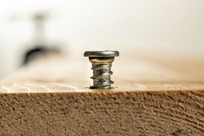 Close-up of screw being screwed into a wooden