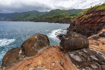 Scenic view of rocks and sea against sky