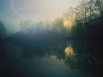 Scenic view of lake in forest against sky