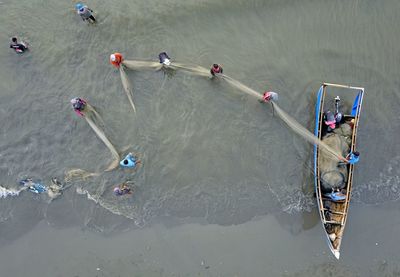 High angle view of boats in sea