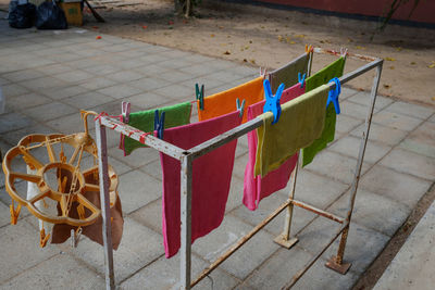 High angle view of multi colored umbrellas on footpath