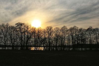 Silhouette bare trees on landscape against sky during sunset