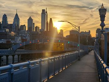 High angle view of city at sunset