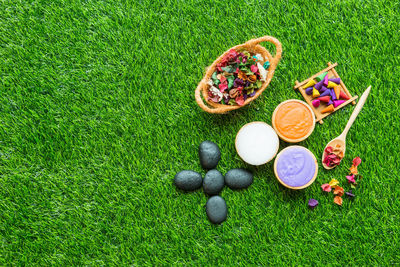 High angle view of beauty products with colorful petals and pebbles on grassy field