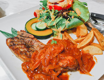 High angle view of meal served in plate