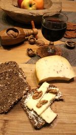 High angle view of bread on cutting board