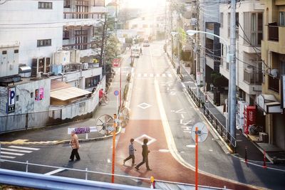 High angle view of people on city street