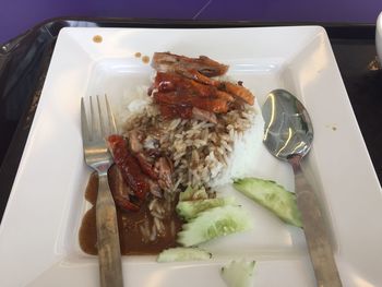High angle view of food in plate on table