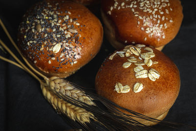 High angle view of bread in basket on table