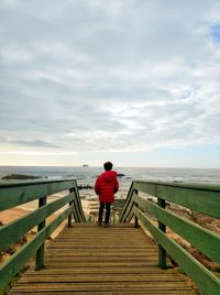 Rear view of boy looking at sea against sky