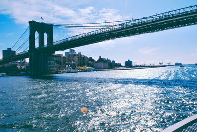 View of suspension bridge against cloudy sky