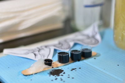 Close-up of objects on table