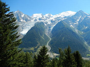 Scenic view of snowcapped mountains against clear sky