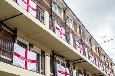 Low angle view of text on building against sky