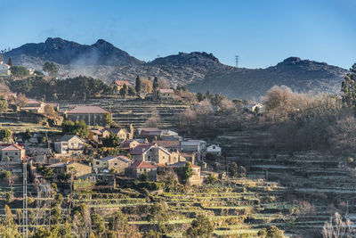 Panoramic view of buildings and mountains against sky