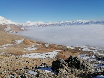 Scenic view of snowcapped mountains against sky