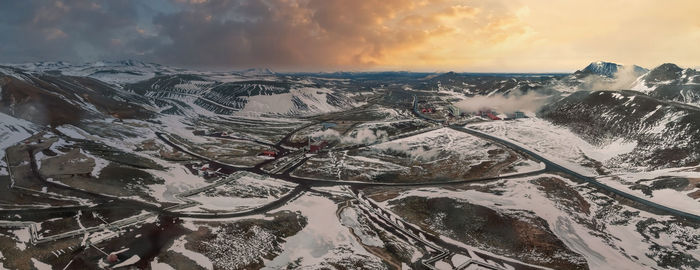 Aerial view of the krafla power plant in iceland.