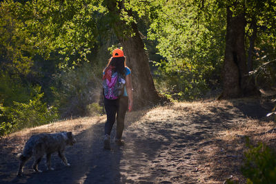 Rear view of woman with dog walking in park