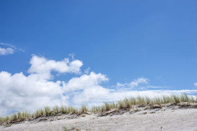 Scenic view of land against blue sky