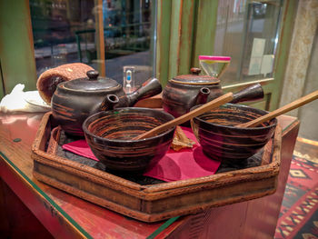 High angle view of various food on table
