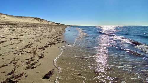 Scenic view of sea against clear blue sky