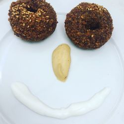 High angle view of cookies in plate