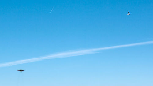 Low angle view of airplane flying against clear blue sky