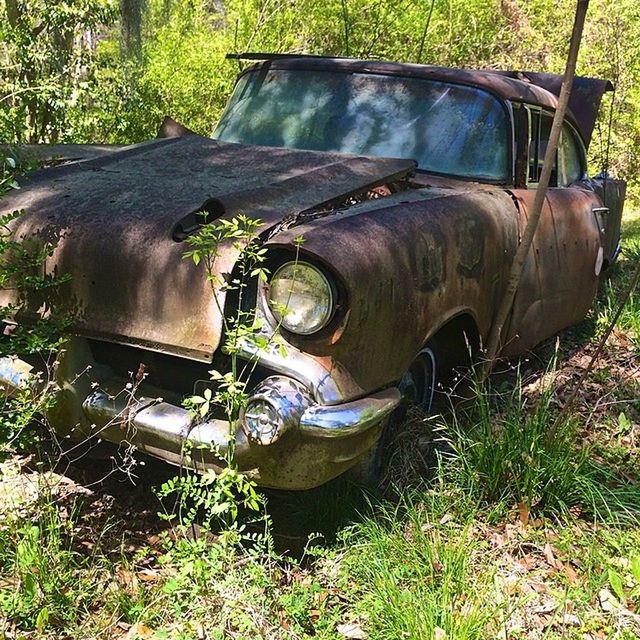 transportation, abandoned, land vehicle, mode of transport, obsolete, car, old, damaged, grass, run-down, deterioration, rusty, old-fashioned, field, stationary, tractor, wheel, day, no people, tire