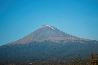 Scenic view of snowcapped mountains against clear blue sky