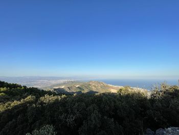 Scenic view of landscape against clear blue sky