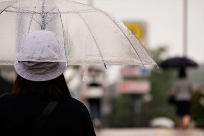 Rear view of woman with umbrella during rainy season