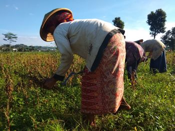 Rear view of man standing on field against sky