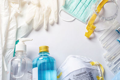 High angle view of bottles on shelf