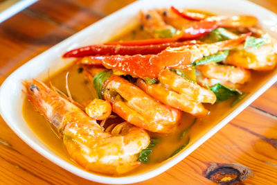 High angle view of seafood in plate on table