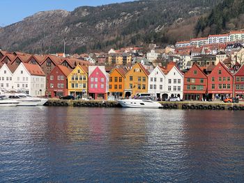 Houses by river and buildings in city