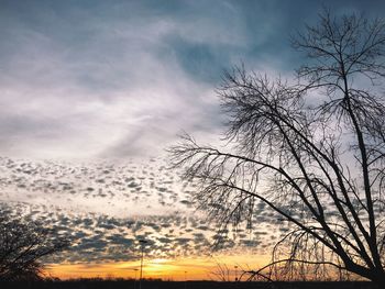 Low angle view of bare trees against cloudy sky