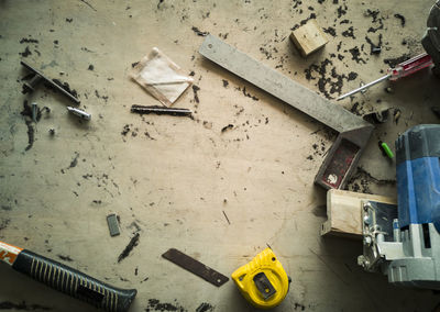 High angle view of tools on table