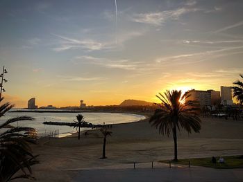 Scenic view of beach against sky during sunset