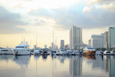 Sailboats moored in harbor