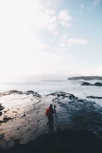 Rear view of man standing at beach against sky